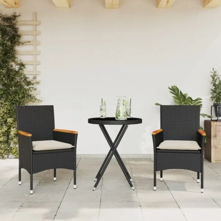 Table and chairs with cushions 3 pieces synthetic rattan black glass by vidaXL, Garden sets - Ref: Foro24-3278753, Price: 195...