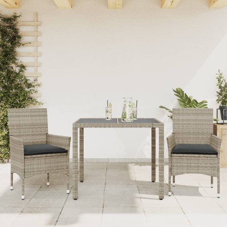 Set comedor jardín 3 pzas y cojines ratán PE vidrio gris claro