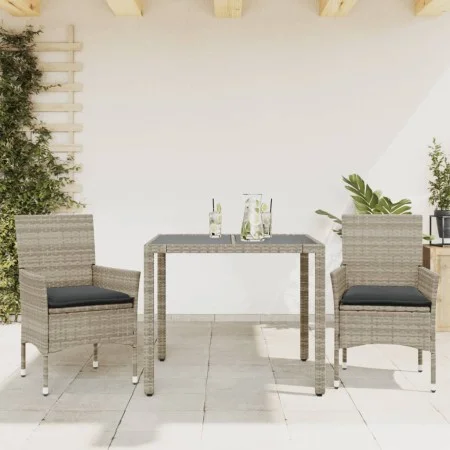 Set comedor jardín 3 pzas y cojines ratán PE vidrio gris claro de vidaXL, Conjuntos de jardín - Ref: Foro24-3278573, Precio: ...