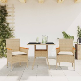 Set comedor jardín 3 pzas cojines ratán sintético vidrio beige