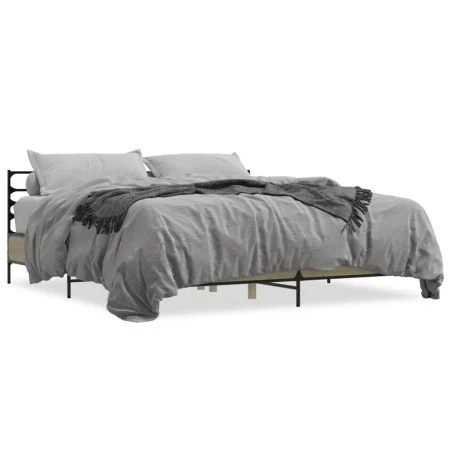 Sonoma oak metal engineered wood bed frame 200x200 cm by vidaXL, Beds and slatted bases - Ref: Foro24-3280063, Price: 154,58 ...