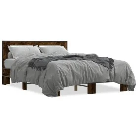 Engineered wood bed frame metal smoked oak 135x190cm by vidaXL, Beds and slatted bases - Ref: Foro24-3280124, Price: 140,23 €...