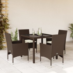 Set comedor jardín 5 pzas cojines ratán sintético vidrio marrón