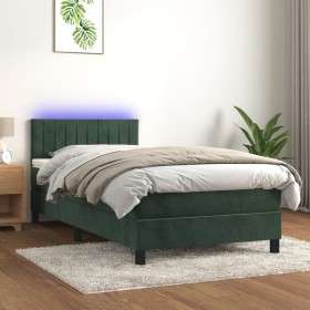 Cama box spring colchón y LED terciopelo verde oscuro 80x200 cm