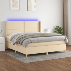 Cama box spring colchón y luces LED tela crema 160x200 cm