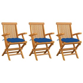 Garden chairs 3 pcs solid teak wood with blue cushions by vidaXL, Garden chairs - Ref: Foro24-3062539, Price: 238,58 €, Disco...