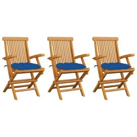 Gartenstühle 3 Stück aus massivem Teakholz mit blauen Kissen von vidaXL, Gartenstühle - Ref: Foro24-3062539, Preis: 231,27 €,...
