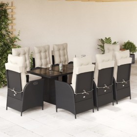 Set de comedor de jardín 9 pzas y cojines ratán sintético negro