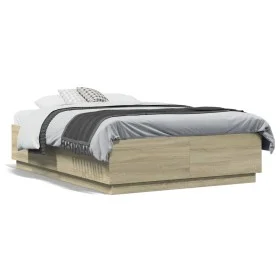 Sonoma oak engineered wood bed frame 135x190 cm by vidaXL, Beds and slatted bases - Ref: Foro24-3209739, Price: 142,89 €, Dis...