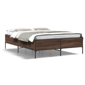 Estructura cama madera ingeniería metal marrón roble 160x200 cm