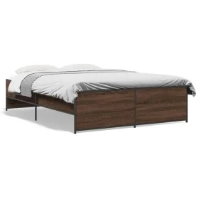 Oak brown metal engineered wood bed frame 135x190 cm by vidaXL, Beds and slatted bases - Ref: Foro24-3279906, Price: 136,61 €...