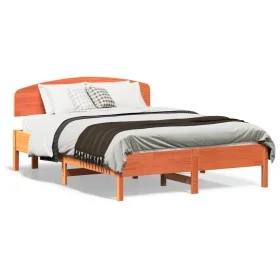 Bed frame with wax brown pine wood headboard 135x190 cm by vidaXL, Beds and slatted bases - Ref: Foro24-3207232, Price: 182,0...