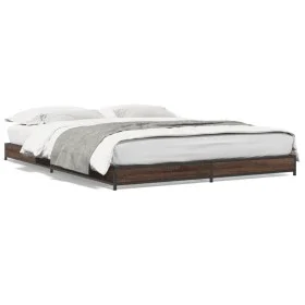 Engineered wood bed frame oak brown metal 135x190 cm by vidaXL, Beds and slatted bases - Ref: Foro24-845165, Price: 89,53 €, ...
