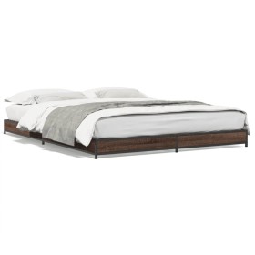 Estructura cama madera ingeniería metal marrón roble 135x190 cm de vidaXL, Camas y somieres - Ref: Foro24-845165, Precio: 90,...