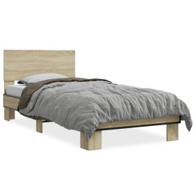 Estructura cama madera ingeniería metal roble Sonoma 90x200 cm