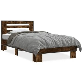Engineered wood bed frame metal smoked oak 90x200 cm by vidaXL, Beds and slatted bases - Ref: Foro24-845654, Price: 90,93 €, ...