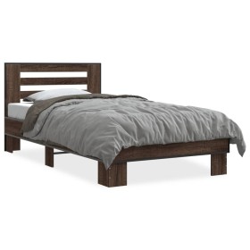 Estructura cama madera ingeniería metal roble marrón 90x200 cm