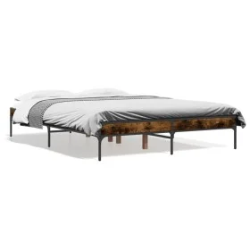 Engineered wood bed frame metal smoked oak 135x190cm by vidaXL, Beds and slatted bases - Ref: Foro24-845043, Price: 84,63 €, ...