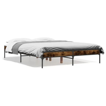 Engineered wood bed frame metal smoked oak 135x190cm by vidaXL, Beds and slatted bases - Ref: Foro24-845043, Price: 84,63 €, ...