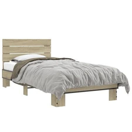 Sonoma oak metal engineered wood bed frame 90x190 cm by vidaXL, Beds and slatted bases - Ref: Foro24-845753, Price: 90,87 €, ...