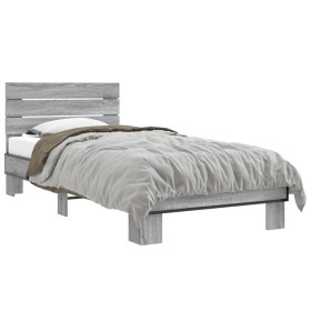 Sonoma gray metal engineered wood bed frame 90x200 cm by vidaXL, Beds and slatted bases - Ref: Foro24-845745, Price: 71,12 €,...