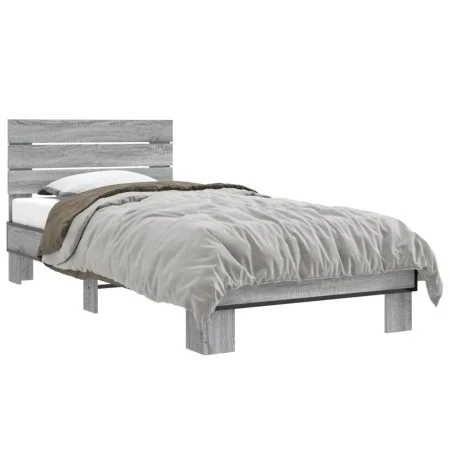 Sonoma gray metal engineered wood bed frame 90x200 cm by vidaXL, Beds and slatted bases - Ref: Foro24-845745, Price: 79,11 €,...