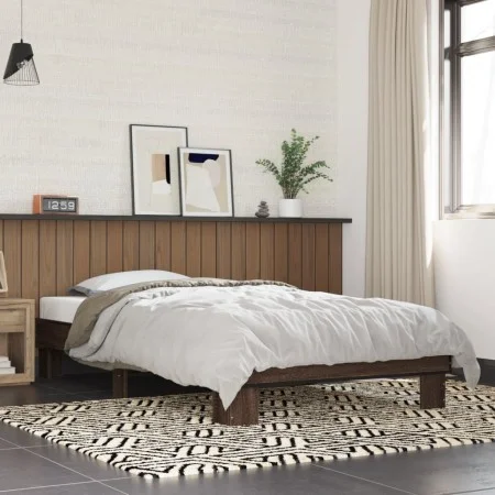 Estructura cama madera ingeniería metal roble marrón 90x200 cm de vidaXL, Camas y somieres - Ref: Foro24-845876, Precio: 67,9...