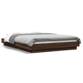 Bed frame with LED lights brown oak wood 140x190 cm by vidaXL, Beds and slatted bases - Ref: Foro24-3281132, Price: 185,38 €,...