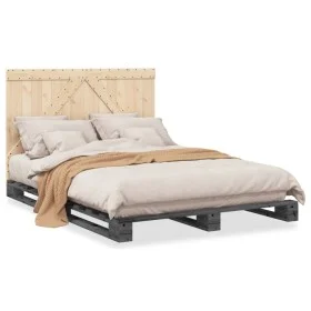 Bed frame with gray pine wood headboard 140x200 cm by vidaXL, Beds and slatted bases - Ref: Foro24-3281564, Price: 212,66 €, ...