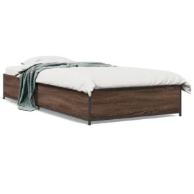 Engineered wood metal bed frame oak brown 75x190 cm by vidaXL, Beds and slatted bases - Ref: Foro24-845125, Price: 68,26 €, D...