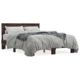Engineered wood bed frame oak brown metal 135x190 cm by vidaXL, Beds and slatted bases - Ref: Foro24-3280211, Price: 145,22 €...