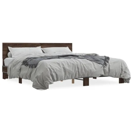 Estructura cama madera ingeniería metal marrón roble 200x200 cm de vidaXL, Camas y somieres - Ref: Foro24-3280176, Precio: 16...