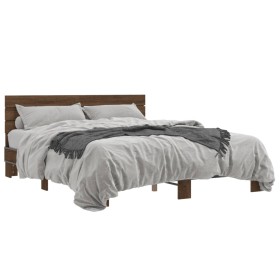 Engineered wood bed frame oak brown metal 160x200 cm by vidaXL, Beds and slatted bases - Ref: Foro24-3280141, Price: 152,57 €...