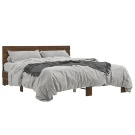 Engineered wood bed frame oak brown metal 160x200 cm by vidaXL, Beds and slatted bases - Ref: Foro24-3280141, Price: 150,71 €...