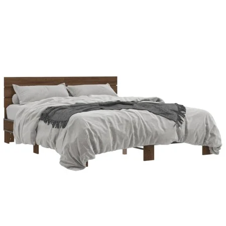 Estructura cama madera ingeniería metal marrón roble 160x200 cm de vidaXL, Camas y somieres - Ref: Foro24-3280141, Precio: 15...