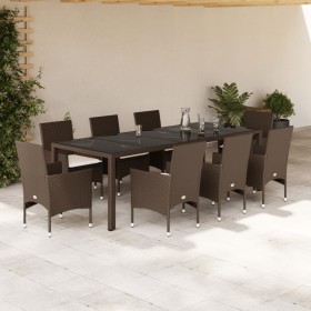 Set comedor jardín 9 pzas cojines ratán sintético vidrio marrón