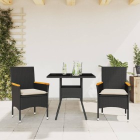 Set comedor jardín 3 pzas cojines ratán sintético vidrio negro