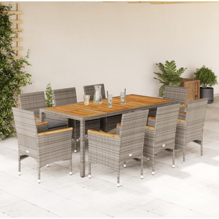 9-teiliges Garten-Essset mit Kissen aus grauem Akazien-PE-Rattan von vidaXL, Gartensets - Ref: Foro24-3278638, Preis: 762,03 ...