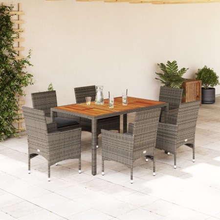 7-teiliges Garten-Essset mit Kissen aus grauem Akazien-PE-Rattan von vidaXL, Gartensets - Ref: Foro24-3278678, Preis: 506,46 ...