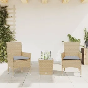Table and chairs with cushions 3 pieces synthetic rattan beige glass by vidaXL, Garden sets - Ref: Foro24-3278743, Price: 161...