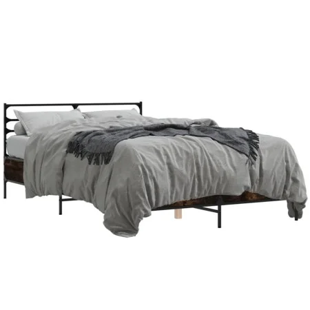 Engineered wood bed frame metal smoked oak 140x200cm by vidaXL, Beds and slatted bases - Ref: Foro24-3280044, Price: 135,36 €...