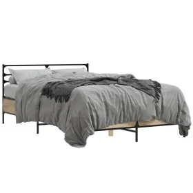 Sonoma oak metal engineered wood bed frame 135x190 cm by vidaXL, Beds and slatted bases - Ref: Foro24-3280073, Price: 132,11 ...
