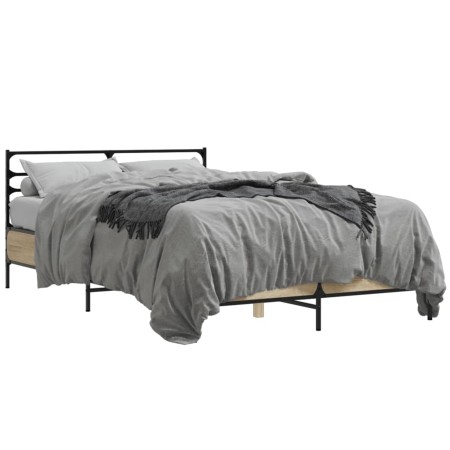 Estructura cama madera ingeniería metal roble Sonoma 135x190 cm de vidaXL, Camas y somieres - Ref: Foro24-3280073, Precio: 13...