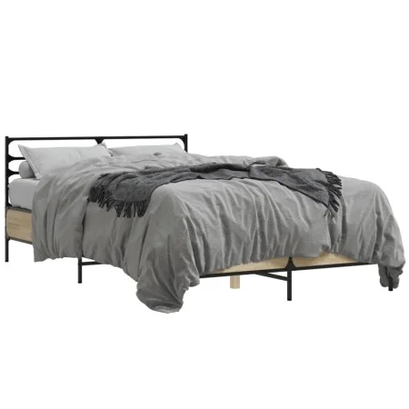 Sonoma oak metal engineered wood bed frame 135x190 cm by vidaXL, Beds and slatted bases - Ref: Foro24-3280073, Price: 132,07 ...