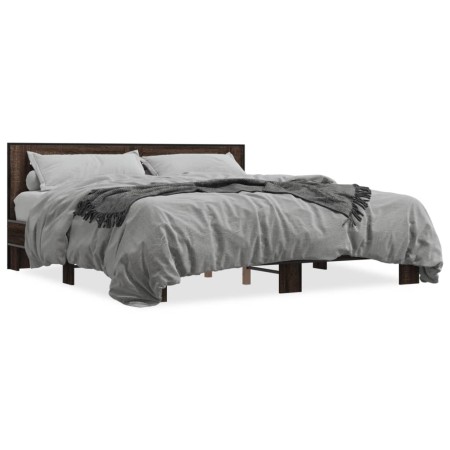 Oak brown metal engineered wood bed frame 200x200 cm by vidaXL, Beds and slatted bases - Ref: Foro24-3280086, Price: 167,96 €...