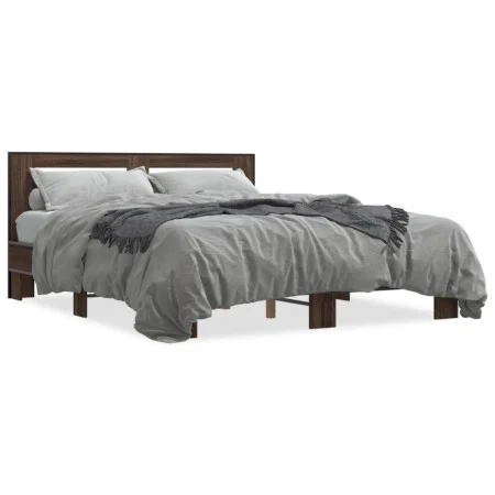Oak brown metal engineered wood bed frame 150x200 cm by vidaXL, Beds and slatted bases - Ref: Foro24-3280101, Price: 149,76 €...