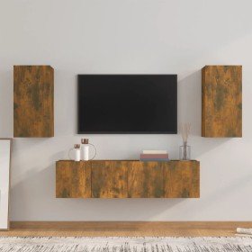 Set de muebles de TV 4 pzas madera contrachapada roble ahumado