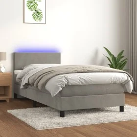 Box spring bed with mattress and LED light gray velvet 100x200 cm by vidaXL, Beds and slatted bases - Ref: Foro24-3134267, Pr...