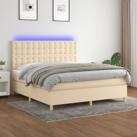 Cama box spring colchón y luces LED tela crema 160x200 cm