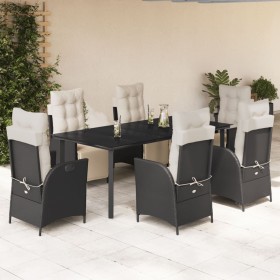 Set de comedor de jardín 7 pzas y cojines ratán sintético negro